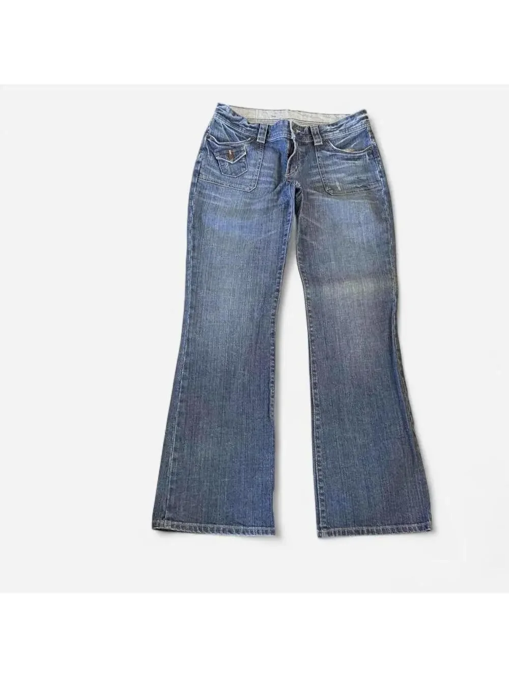 Y2K X2 Denim Laboratory Flare Leg Jeans Size 8 Medium Wash Low Rise Multi Pocket